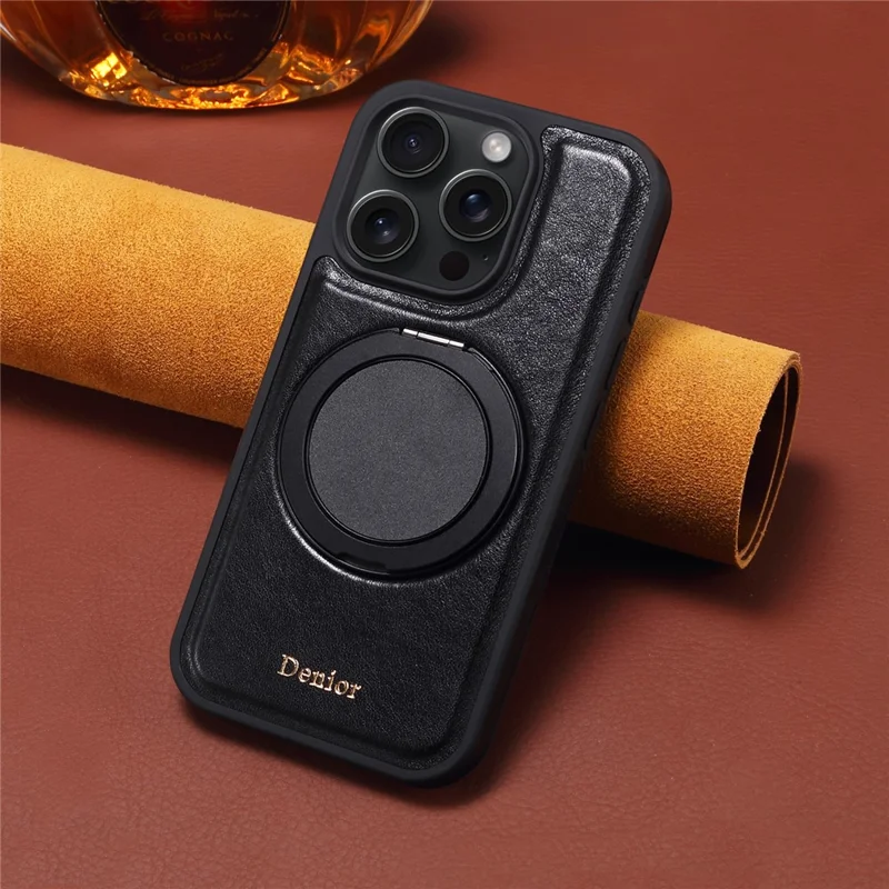 DENIOR For iPhone 16 Pro Case Rotating Magnetic Kickstand Genuine Cow Leather Phone Back Cover - Black