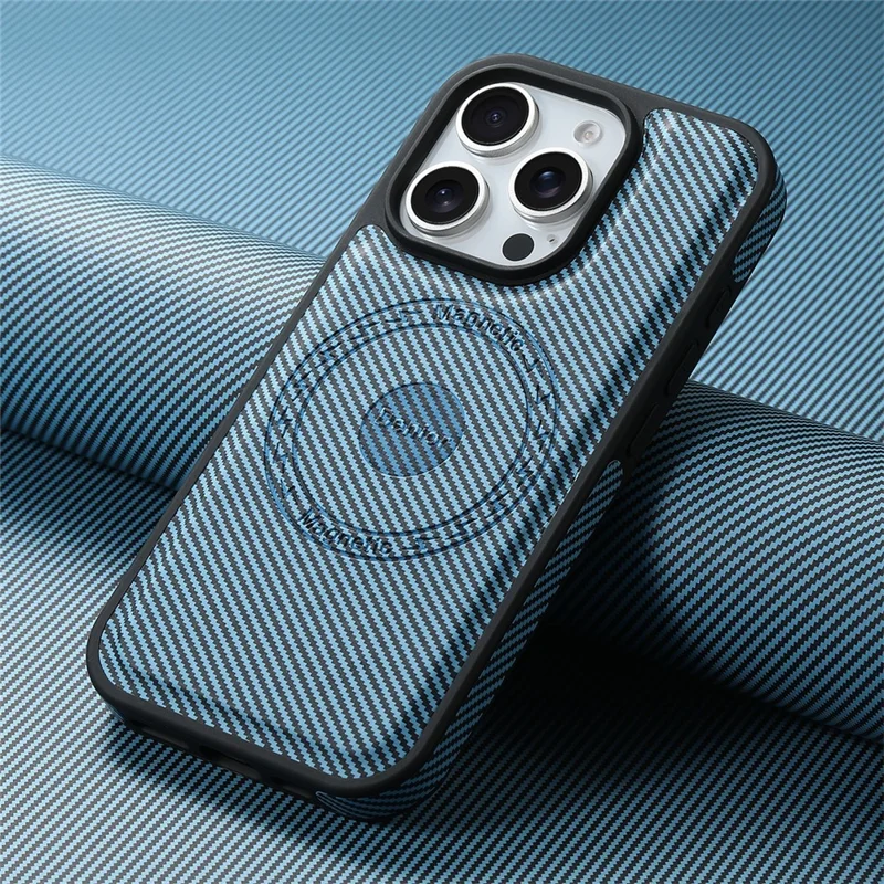 DENIOR For iPhone 16 Pro Case Compatible with MagSafe Carbon Fiber Texture Leather Back Cover - Blue