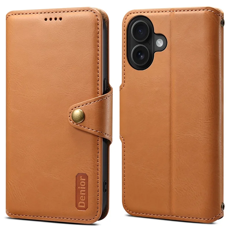 DENIOR For iPhone 16 Case Wallet Cowhide Texture Leather Phone Cover - Khaki