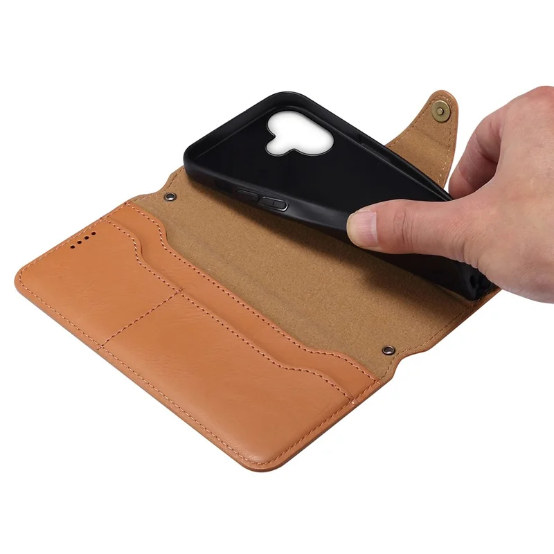 DENIOR For iPhone 16 Case Wallet Cowhide Texture Leather Phone Cover - Khaki