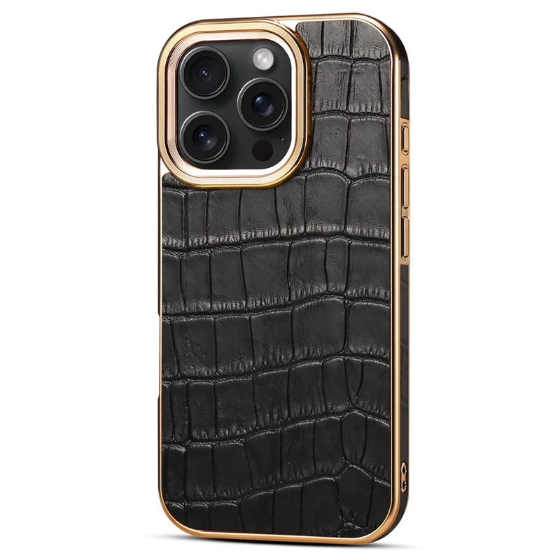 Para Iphone 16 Pro Max Case Genuine Cow Leather Coated TPU+PC Electroplating Telep Cover - Negro
