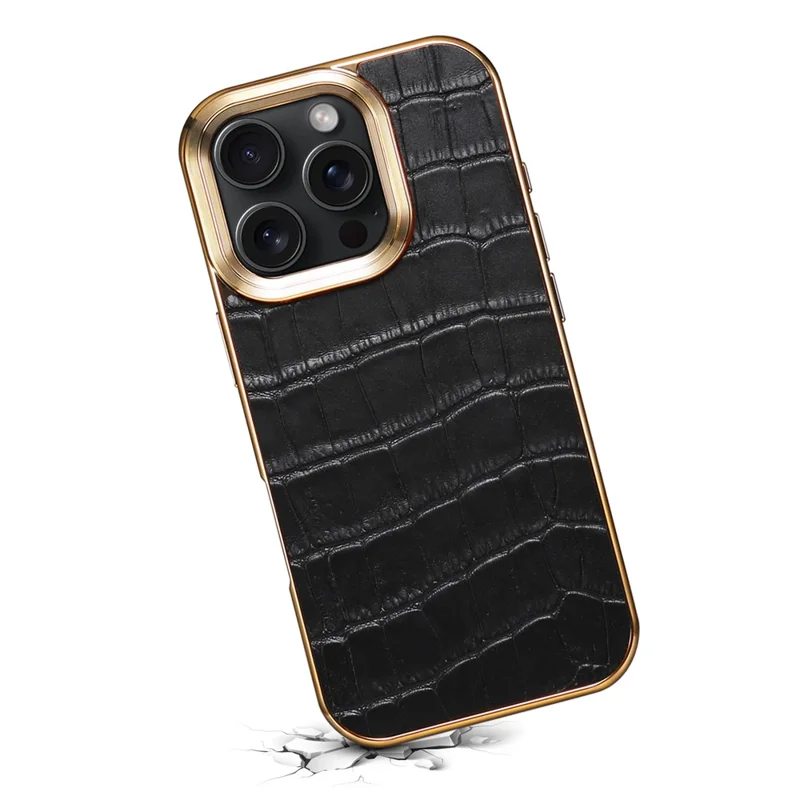 Para Iphone 16 Pro Max Case Genuine Cow Leather Coated TPU+PC Electroplating Telep Cover - Negro