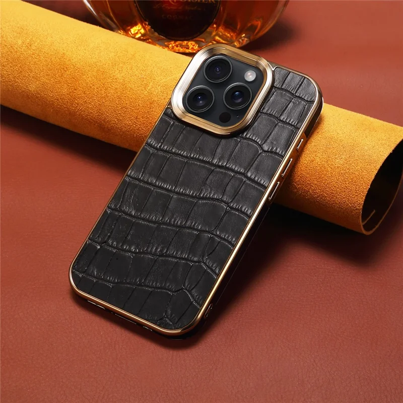 Para Iphone 16 Pro Max Case Genuine Cow Leather Coated TPU+PC Electroplating Telep Cover - Negro