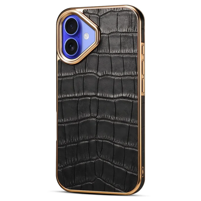 Pour Iphone 16 Plus Case Véritable Vache en Cuir en Cuir Tpu + pc Couverture de Téléphone - Noir