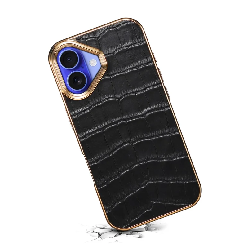 Pour Iphone 16 Plus Case Véritable Vache en Cuir en Cuir Tpu + pc Couverture de Téléphone - Noir