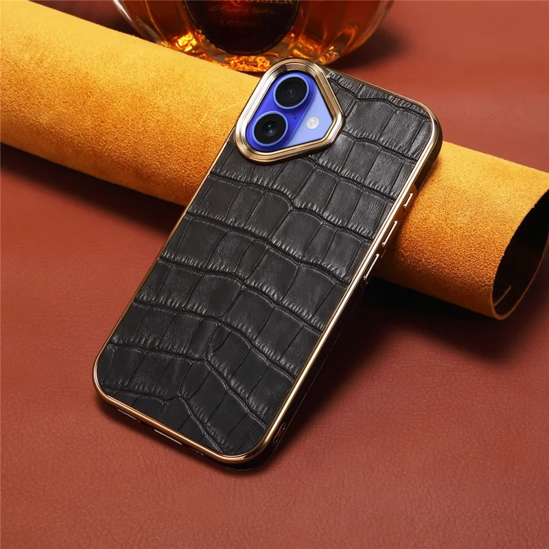 Pour Iphone 16 Plus Case Véritable Vache en Cuir en Cuir Tpu + pc Couverture de Téléphone - Noir