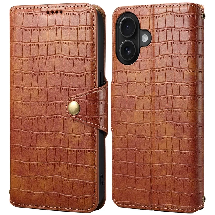 For iPhone 16 Case Wallet Crocodile Texture Leather Phone Cover - Brown