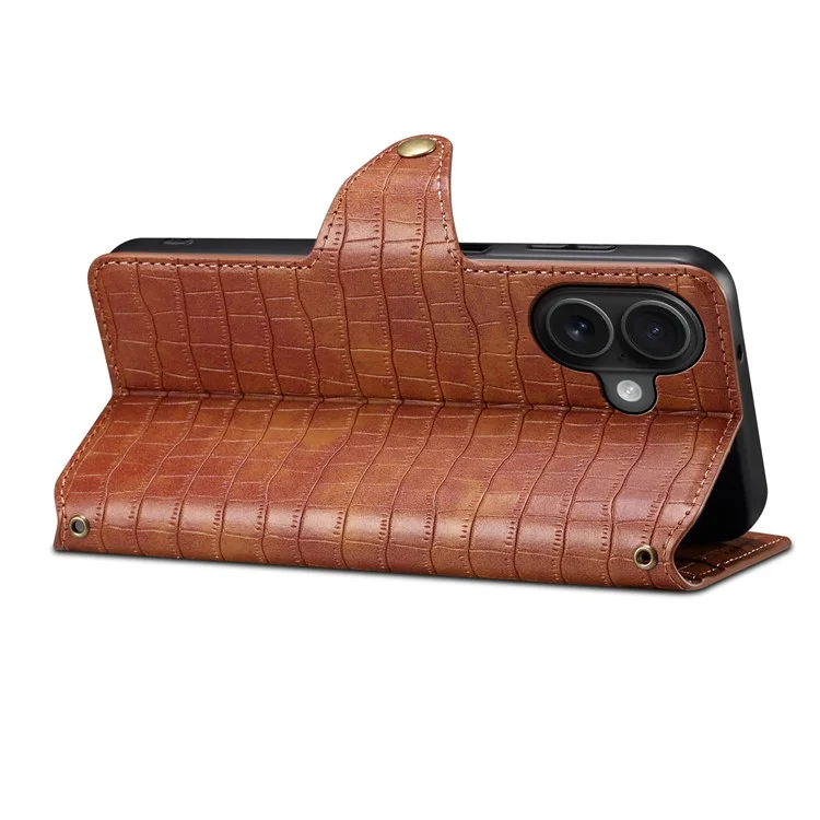 For iPhone 16 Case Wallet Crocodile Texture Leather Phone Cover - Brown