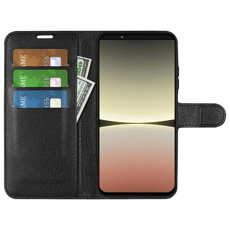 Per Sony Xperia 5 IV 5G Folio Flip Cover, Litchi Texture PU Leather Wallet Stand Phone Cover - Nero