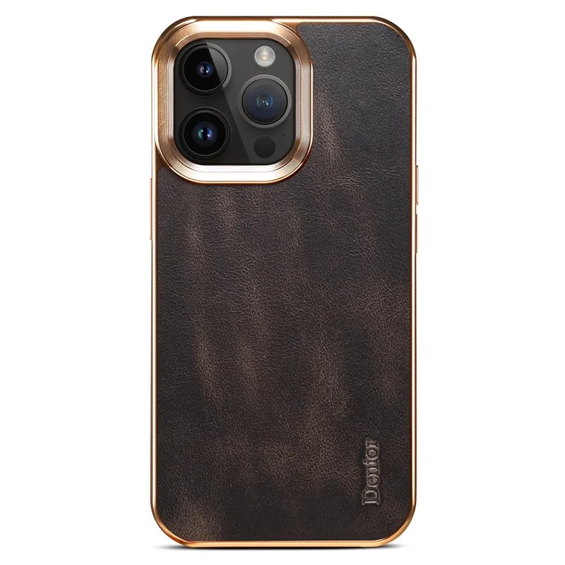DENIOR For iPhone 16 Pro Case Waxy Texture Genuine Cow Leather Electroplating Back Cover - Black
