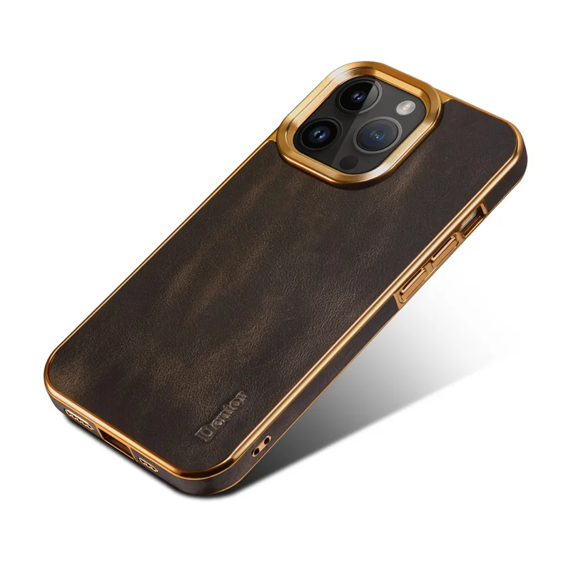 DENIOR For iPhone 16 Pro Case Waxy Texture Genuine Cow Leather Electroplating Back Cover - Black