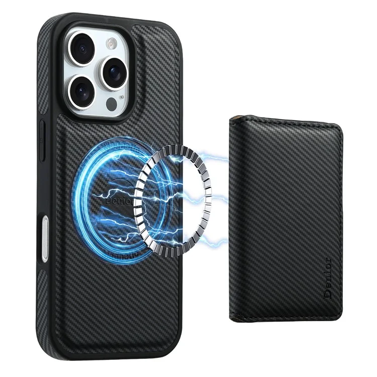 DENIOR For iPhone 16 Pro Max Magnetic Case Carbon Fiber Texture Leather Back Cover with Detachable Card Bag - Black