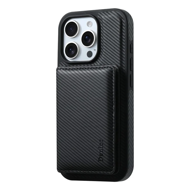 DENIOR For iPhone 16 Pro Max Magnetic Case Carbon Fiber Texture Leather Back Cover with Detachable Card Bag - Black
