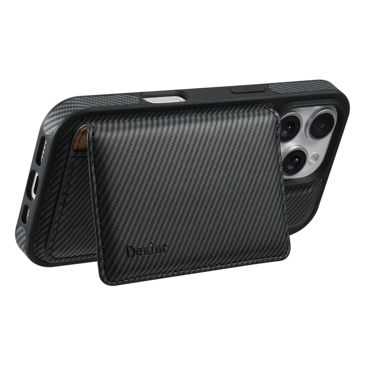 DENIOR For iPhone 16 Pro Max Magnetic Case Carbon Fiber Texture Leather Back Cover with Detachable Card Bag - Black