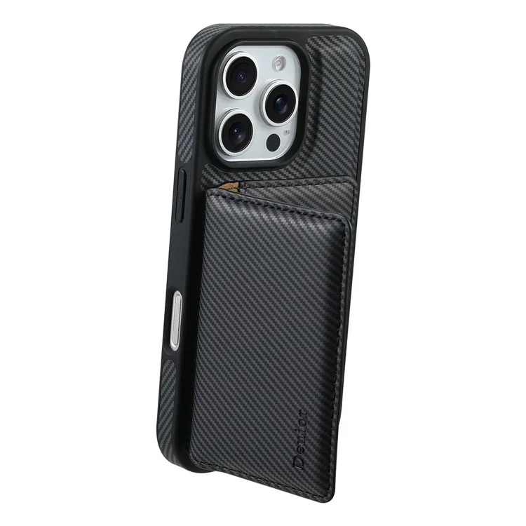 DENIOR For iPhone 16 Pro Max Magnetic Case Carbon Fiber Texture Leather Back Cover with Detachable Card Bag - Black