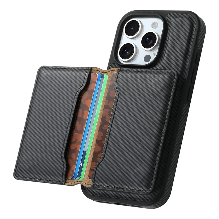 DENIOR For iPhone 16 Pro Max Magnetic Case Carbon Fiber Texture Leather Back Cover with Detachable Card Bag - Black