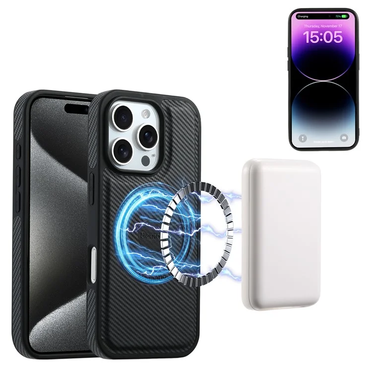 DENIOR For iPhone 16 Pro Max Magnetic Case Carbon Fiber Texture Leather Back Cover with Detachable Card Bag - Black