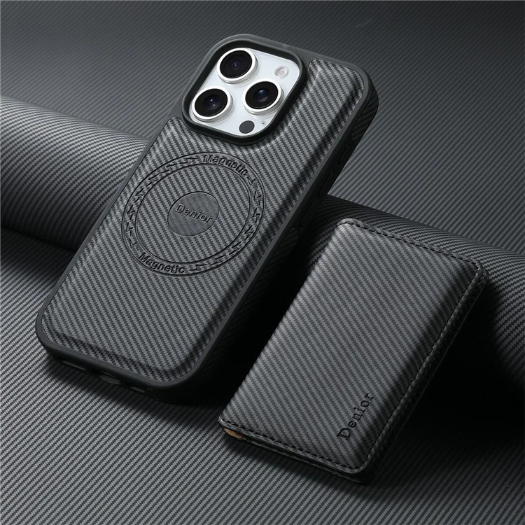 DENIOR For iPhone 16 Pro Max Magnetic Case Carbon Fiber Texture Leather Back Cover with Detachable Card Bag - Black