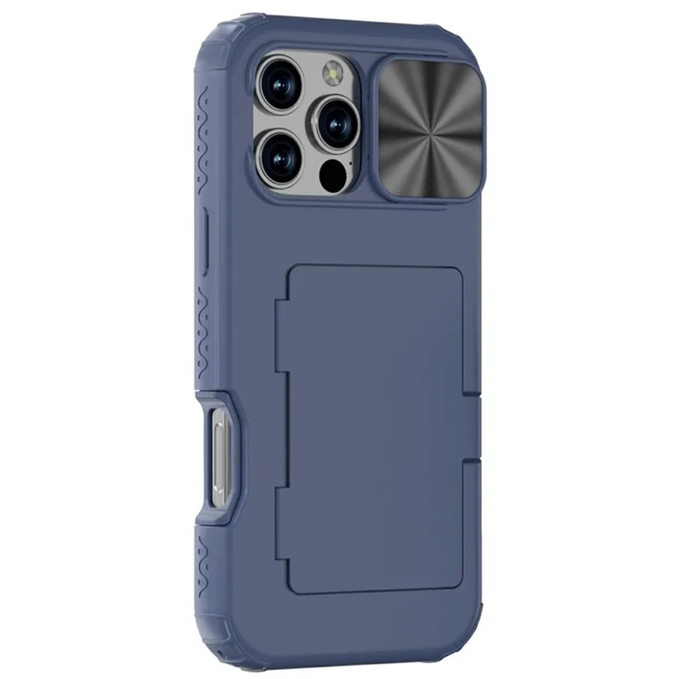 For iPhone 16 Pro Case Card Holder Mirror PC+TPU Phone Shell with Lens Cover - Navy Blue