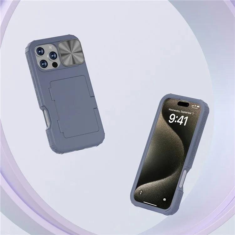 For iPhone 16 Pro Case Card Holder Mirror PC+TPU Phone Shell with Lens Cover - Navy Blue