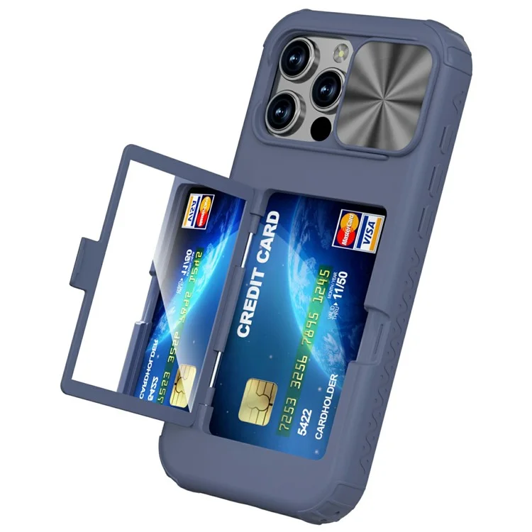 For iPhone 16 Pro Max Case Card Holder Mirror PC+TPU Phone Shell with Lens Cover - Navy Blue