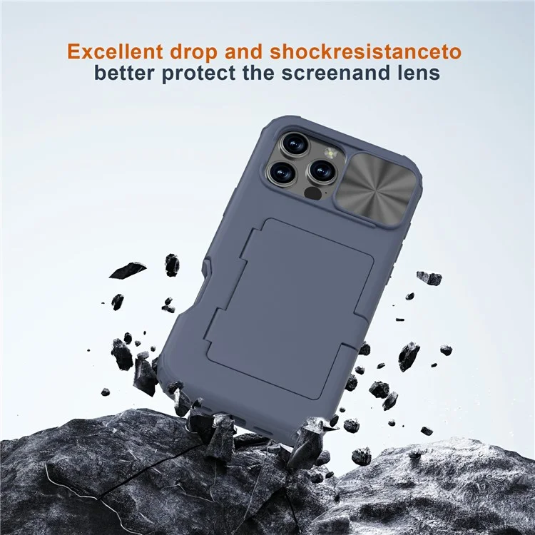 For iPhone 16 Pro Max Case Card Holder Mirror PC+TPU Phone Shell with Lens Cover - Navy Blue