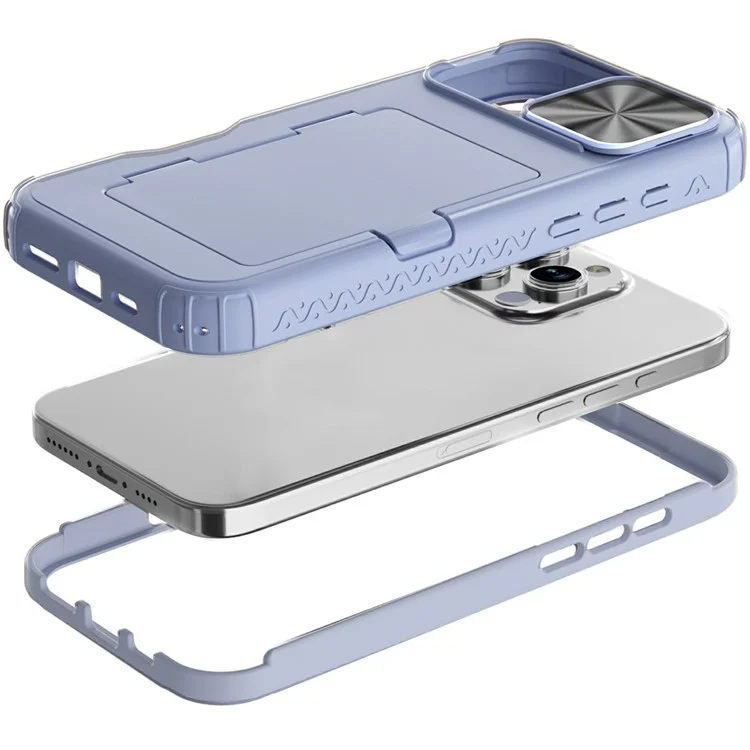 For iPhone 16 Pro Max Case Card Holder Mirror PC+TPU Phone Shell with Lens Cover - Navy Blue