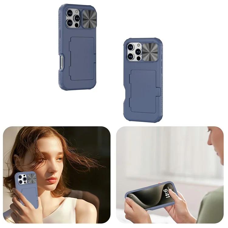 For iPhone 16 Pro Max Case Card Holder Mirror PC+TPU Phone Shell with Lens Cover - Navy Blue