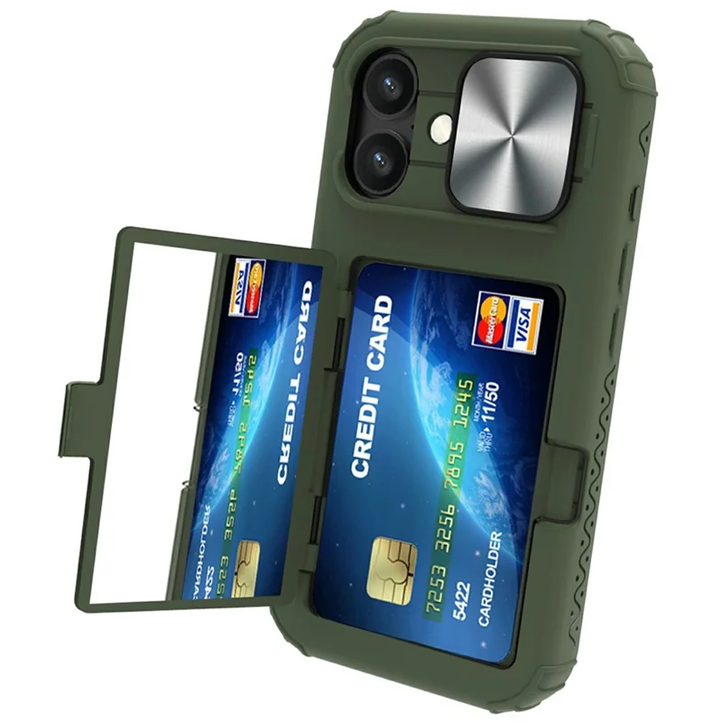 For iPhone 16 Case Card Holder Mirror PC+TPU Phone Shell with Lens Cover - Army Green