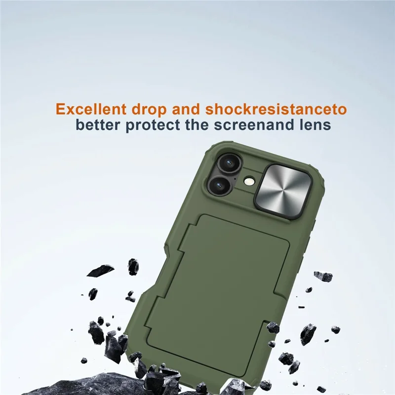 For iPhone 16 Case Card Holder Mirror PC+TPU Phone Shell with Lens Cover - Army Green