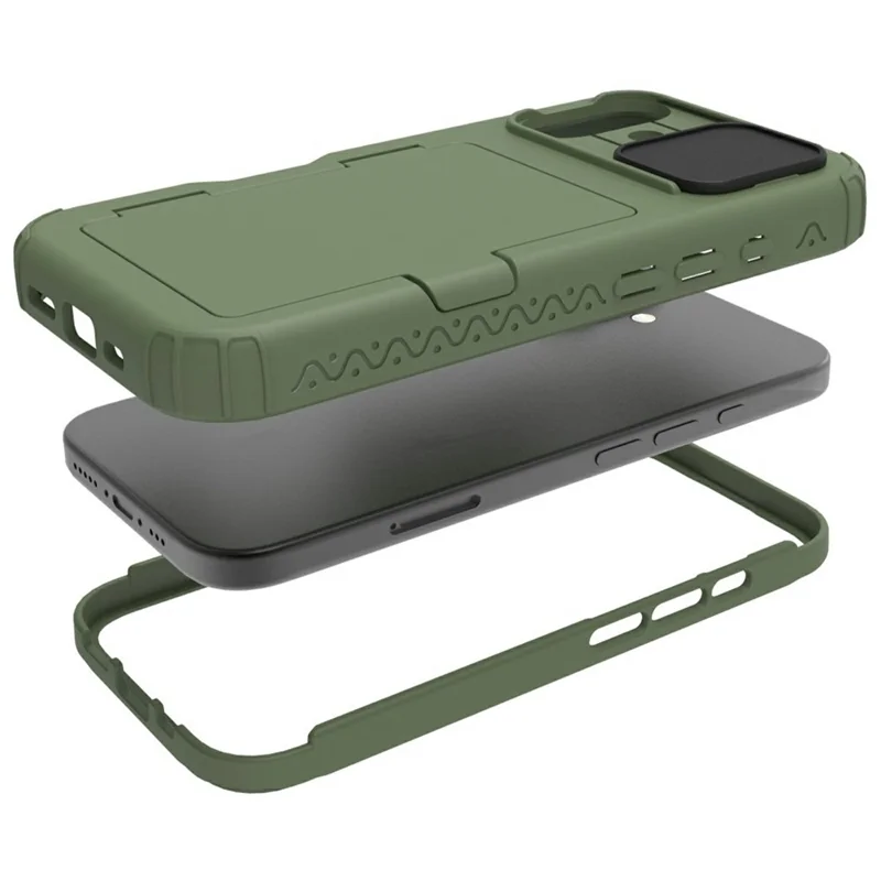 For iPhone 16 Case Card Holder Mirror PC+TPU Phone Shell with Lens Cover - Army Green