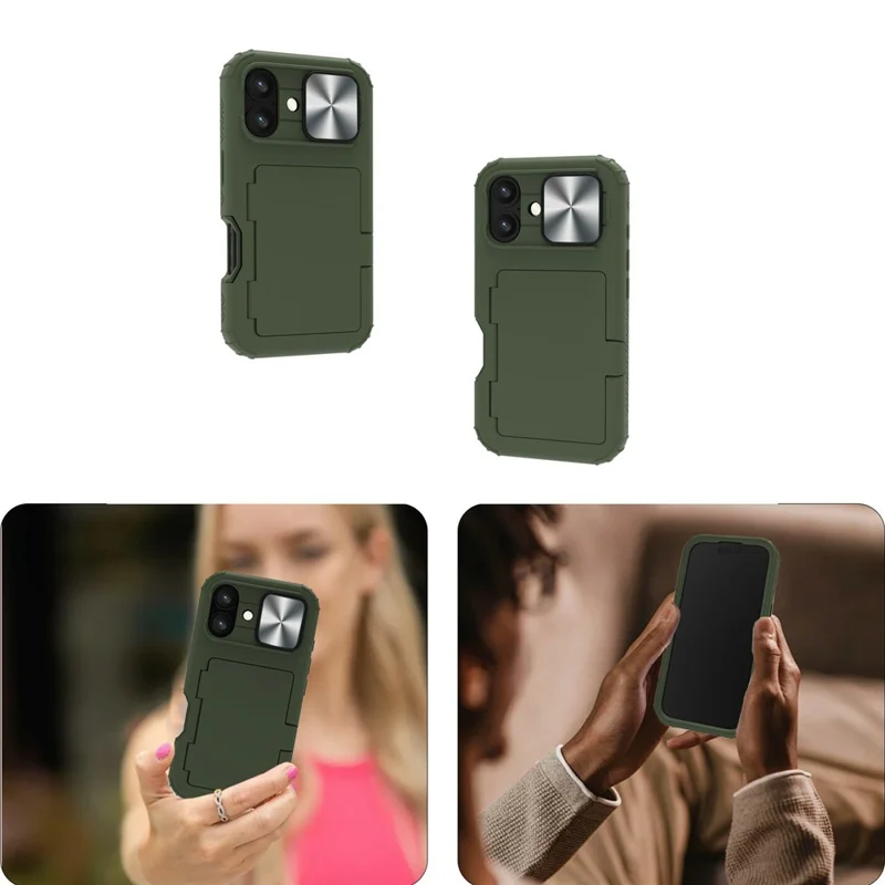 For iPhone 16 Case Card Holder Mirror PC+TPU Phone Shell with Lens Cover - Army Green