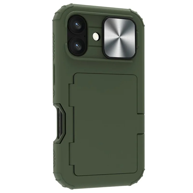 For iPhone 16 Case Card Holder Mirror PC+TPU Phone Shell with Lens Cover - Army Green