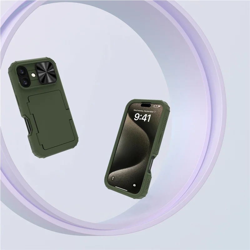 For iPhone 16 Case Card Holder Mirror PC+TPU Phone Shell with Lens Cover - Army Green