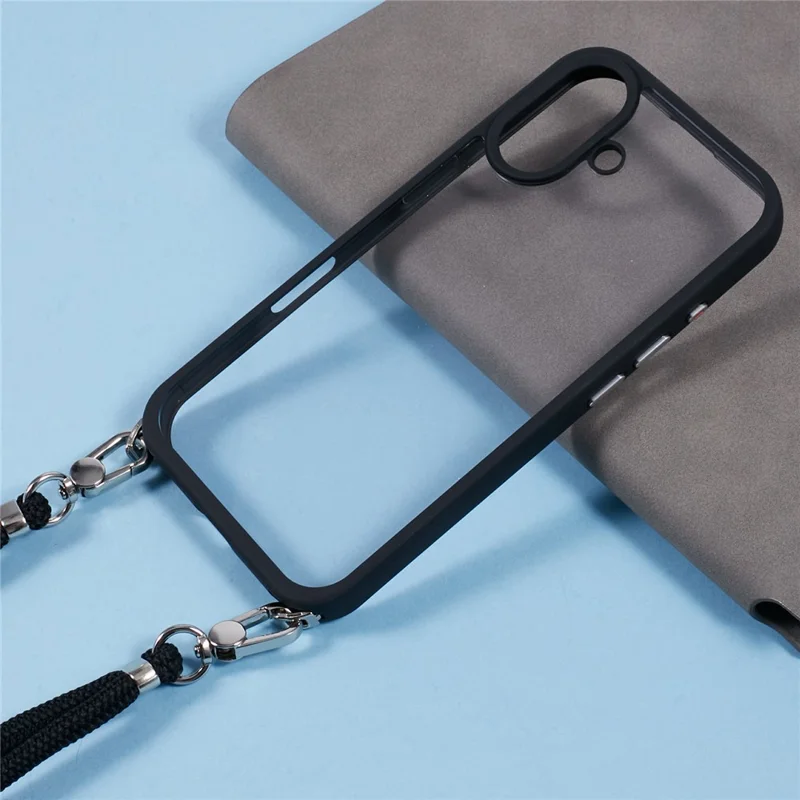 For iPhone 16 Plus Case TPU+PC Crystal Clear Back Cover with Lanyard - Black