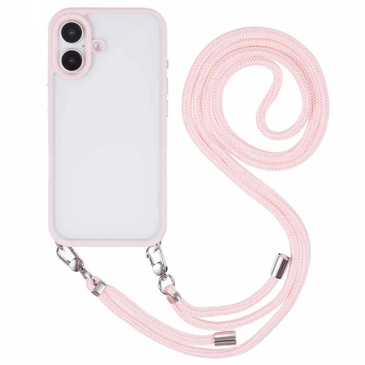 For iPhone 16 Plus Case TPU+PC Crystal Clear Back Cover with Lanyard - Pink