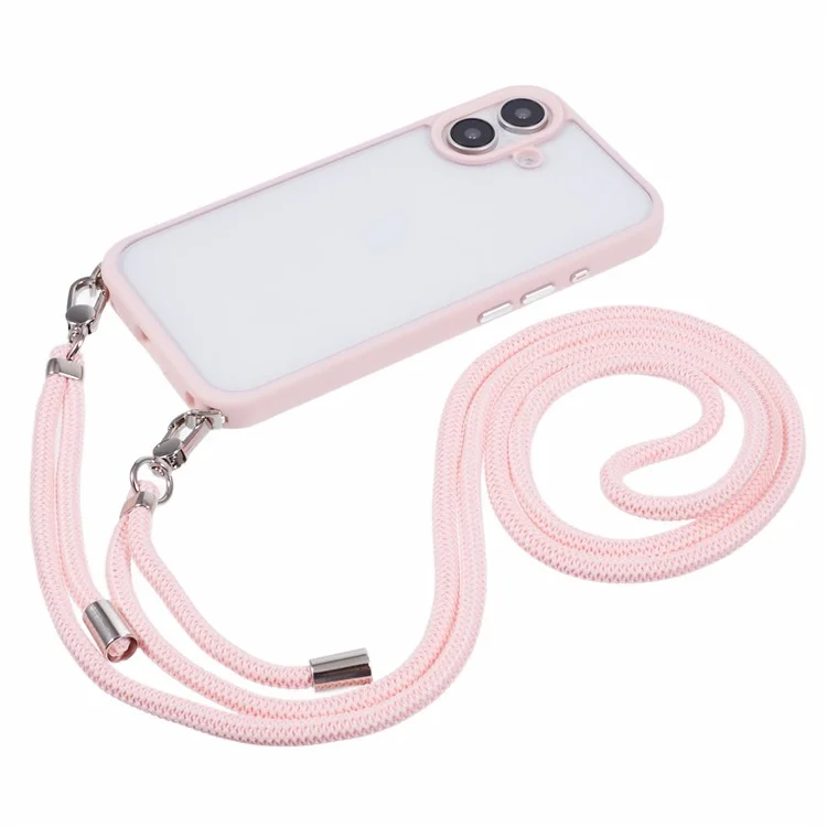 For iPhone 16 Plus Case TPU+PC Crystal Clear Back Cover with Lanyard - Pink