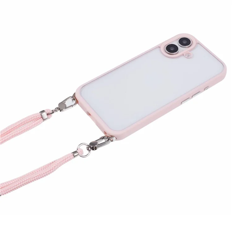 For iPhone 16 Plus Case TPU+PC Crystal Clear Back Cover with Lanyard - Pink
