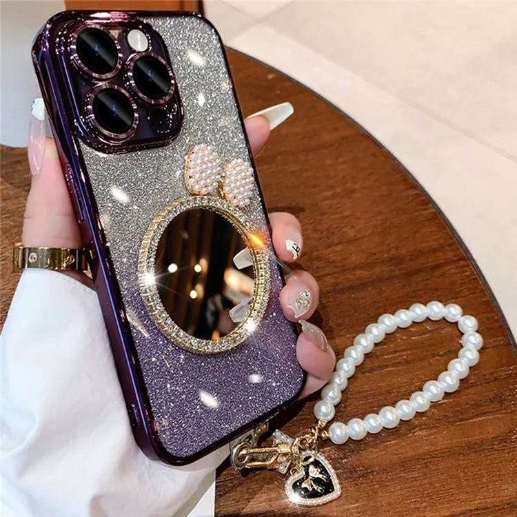 Para Iphone 15 Pro Case Mirror Design Sparkling Glitter TPU Tampo Com Tira de Miçangas - Roxo Escuro