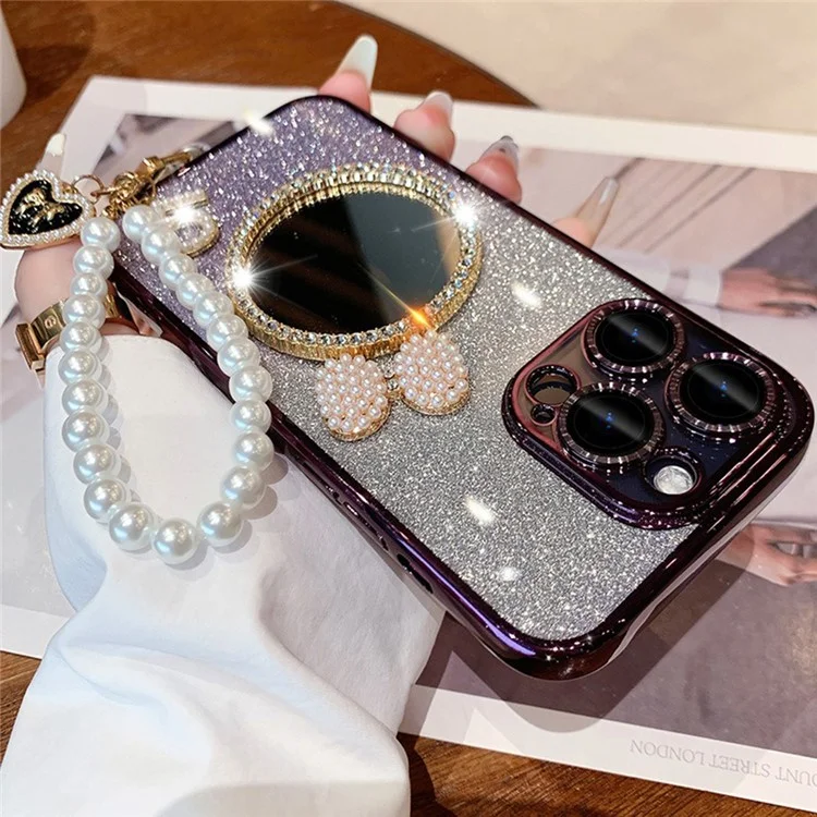 Para Iphone 15 Pro Case Mirror Design Sparkling Glitter TPU Tampo Com Tira de Miçangas - Roxo Escuro