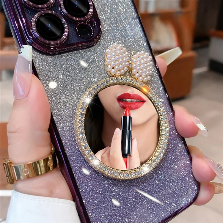 Para Iphone 15 Pro Case Mirror Design Sparkling Glitter TPU Tampo Com Tira de Miçangas - Roxo Escuro
