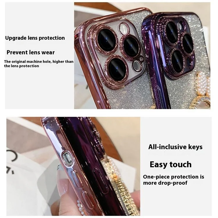 Para Iphone 15 Pro Case Mirror Design Sparkling Glitter TPU Tampo Com Tira de Miçangas - Roxo Escuro