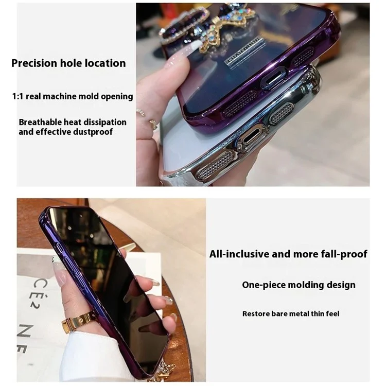 Para Iphone 15 Pro Case Mirror Design Sparkling Glitter TPU Tampo Com Tira de Miçangas - Roxo Escuro