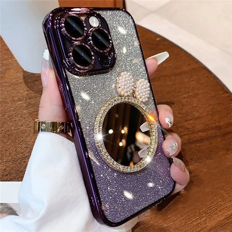 For iPhone 15 Pro Max Case Makeup Mirror Sparkling Glitter TPU Phone Cover - Dark Purple