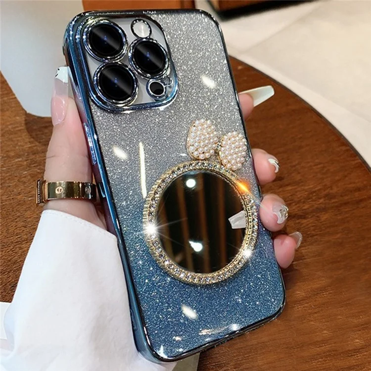For iPhone 15 Pro Case Makeup Mirror Sparkling Glitter TPU Phone Cover - Blue