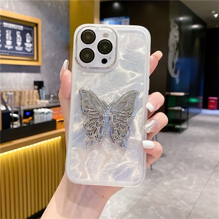 Für iPhone 16 Pro Case Butterfly Kickstand TPU-Handyhülle mit Linsenschutzfolie - Federstruktur