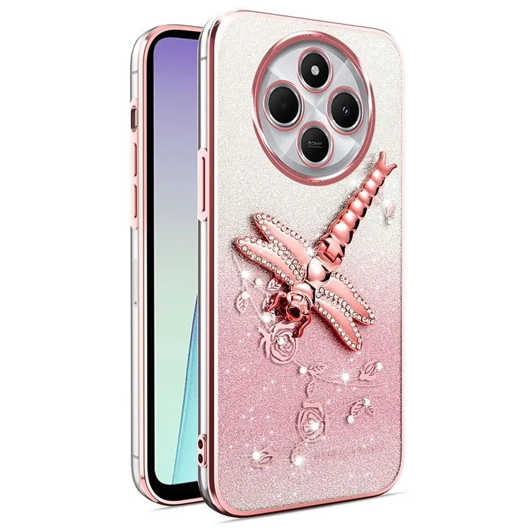KADEM для Xiaomi Poco C75 4G / Redmi 14R 5G / 14C 4G Чехол Dragonfly Kickstand TPU Цветы Блестящий Чехол - Розовый