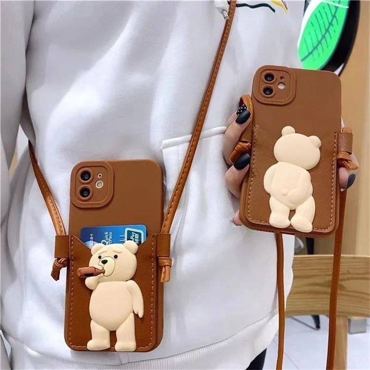 For iPhone 12 Case 3D Bear Decor Card Slot TPU Phone Cover with Shoulder Strap - Drinking Bear