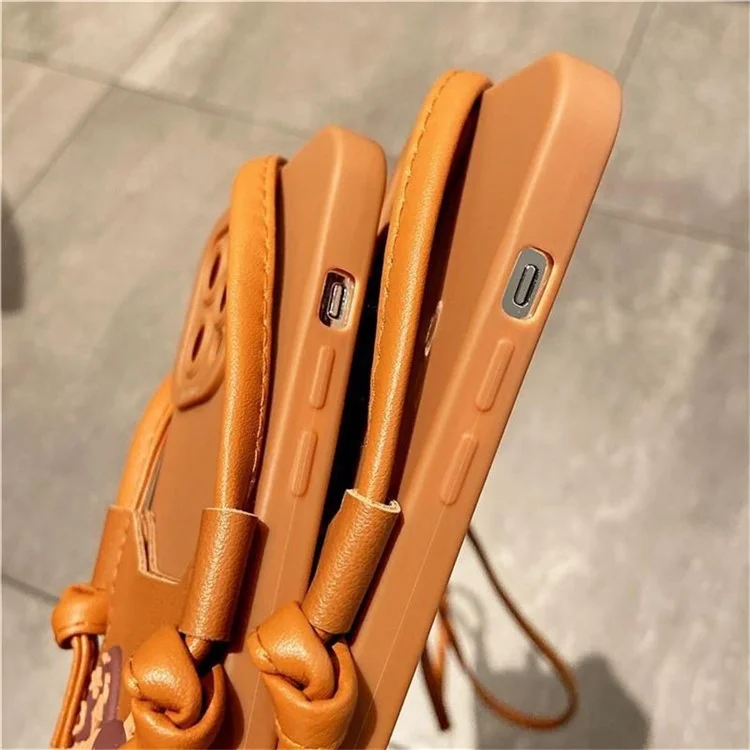 For iPhone 12 Case 3D Bear Decor Card Slot TPU Phone Cover with Shoulder Strap - Drinking Bear