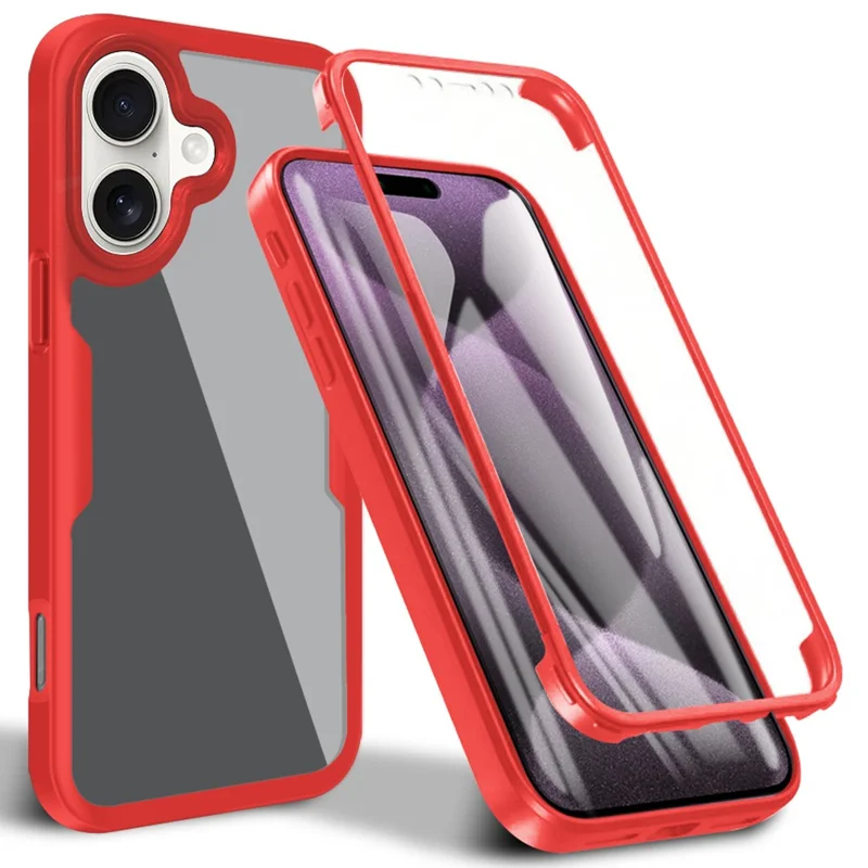 For iPhone 16 Plus Case Acrylic+TPU Clear Phone Cover with PET Screen Film - Red
